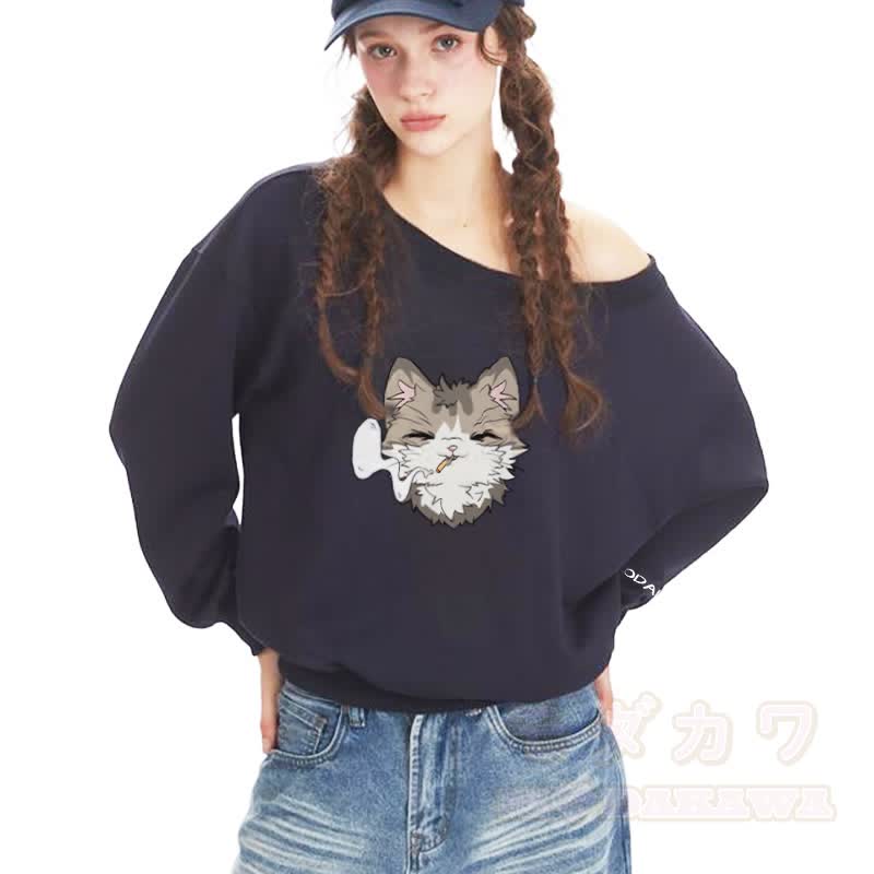 MODAKAWA Smoking Cat Graphic Off Shoulder Sweatshirt - image 1