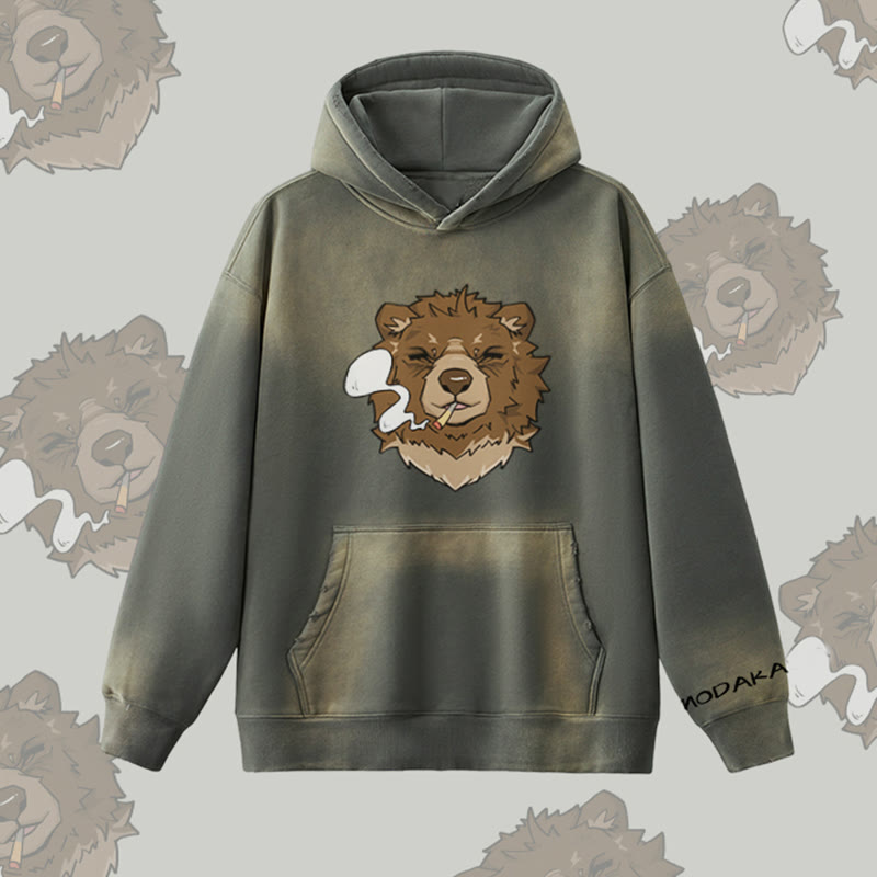 MODAKAWA Smoking Bear Graphic Vintage Washed Fleece Lined Hoodie - Grey - 2XL - image 1