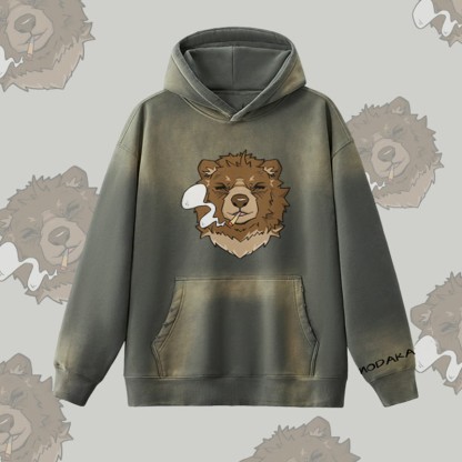 MODAKAWA Smoking Bear Graphic Vintage Washed Fleece Lined Hoodie - Grey - 2XL - image 1