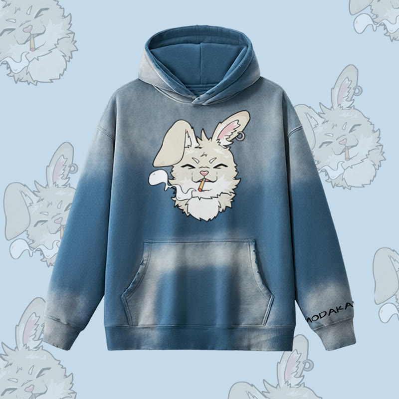 MODAKAWA Smoking Bunny Grafik Vintage Washed Fleece Lined Hoodie - Dark Blue - 2XL - image 1