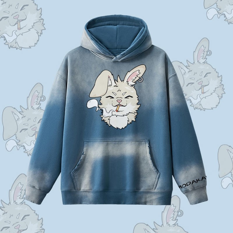 MODAKAWA Smoking Bunny Grafik Vintage Washed Fleece Lined Hoodie - Dark Blue - 2XL - image 1