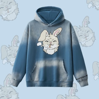 MODAKAWA Smoking Bunny Grafik Vintage Washed Fleece Lined Hoodie - Dark Blue - 2XL - image 1