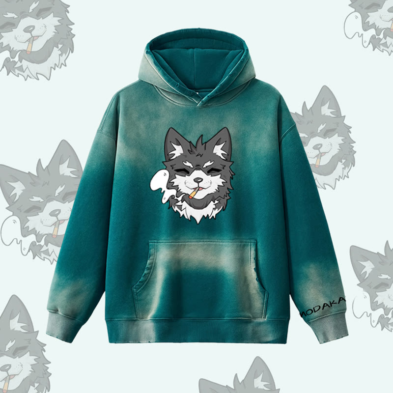 MODAKAWA Kapuzenpullover mit Raucherwelpen-Motiv, Vintage-Waschung, Fleece-Futter - Green - 2XL - image 1