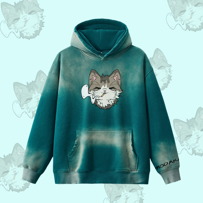 MODAKAWA Kapuzenpullover mit Raucherkatzen-Motiv, Vintage-Waschung, Fleece-Futter - Green - 2XL - image 6