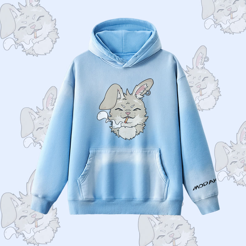 MODAKAWA Smoking Bunny Grafik Vintage Washed Fleece Lined Hoodie - Blue - 2XL - image 2