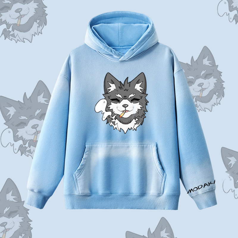 MODAKAWA Kapuzenpullover mit Raucherwelpen-Motiv, Vintage-Waschung, Fleece-Futter - Blue - 2XL - image 5