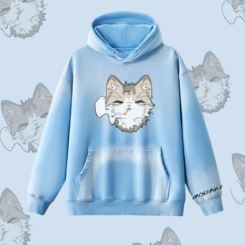 MODAKAWA Kapuzenpullover mit Raucherkatzen-Motiv, Vintage-Waschung, Fleece-Futter - Blue - 2XL - image 1