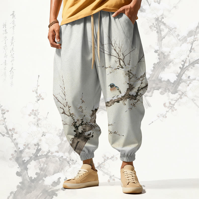 MODAKAWA Loungehose mit Wintervogel- und Pflaumenzweig-Allover-Print und Kordelzug - Apricot - 5XL - image 1
