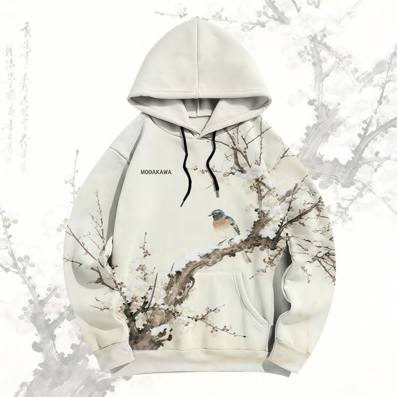 MODAKAWA Pullover-Hoodie mit Wintervogel- und Pflaumenzweig-Allover-Print - Apricot - 5XL - image 1