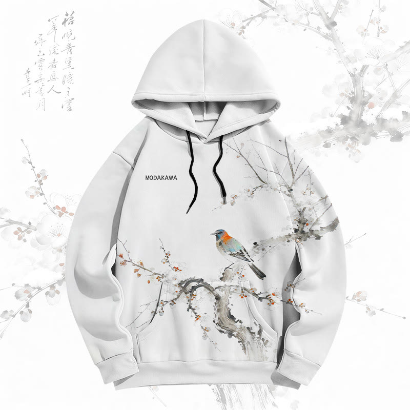 MODAKAWA Pullover-Hoodie mit Allover-Print „Vogel auf Pflaumenzweig“ - White - 8XL - image 1