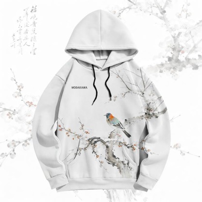 MODAKAWA Pullover-Hoodie mit Allover-Print „Vogel auf Pflaumenzweig“ - White - 5XL - image 1