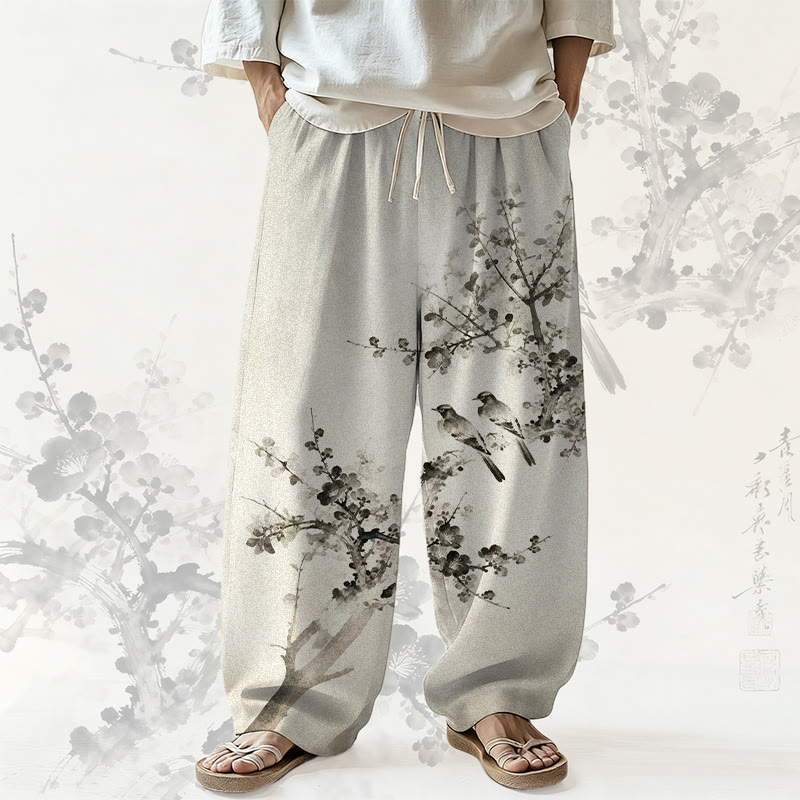 MODAKAWA Hose mit weitem Bein und Allover-Print „Zwei Vögel auf Pflaumenblüten“ (Ink Wash) - Apricot - 5XL - image 1