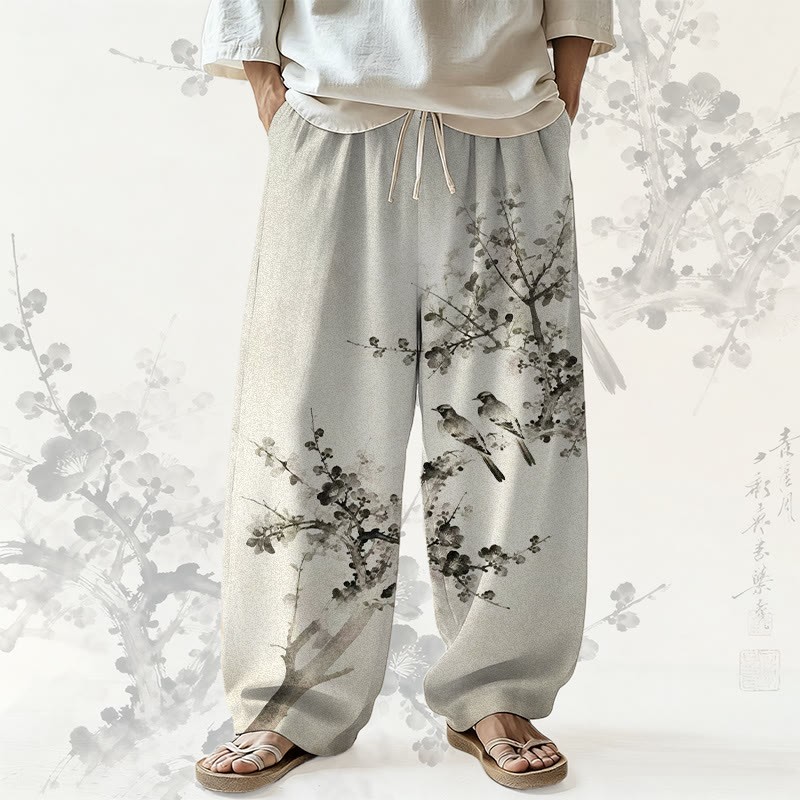 MODAKAWA Hose mit weitem Bein und Allover-Print „Zwei Vögel auf Pflaumenblüten“ (Ink Wash) - Apricot - 5XL - image 1