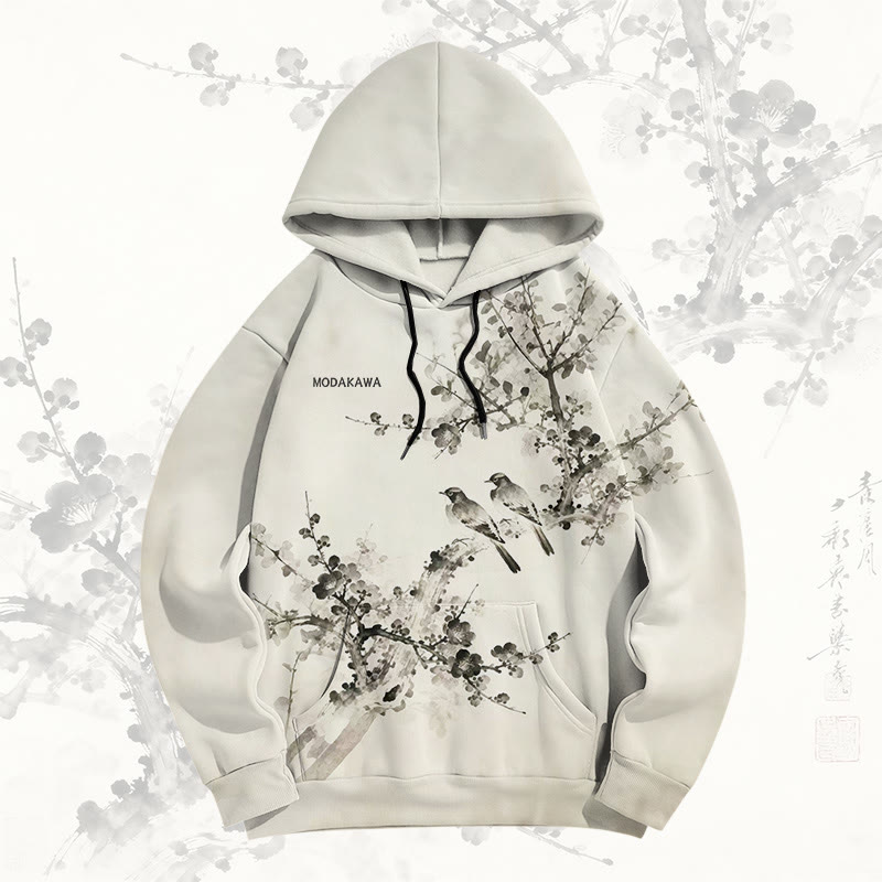 MODAKAWA Ink Wash Pullover-Hoodie mit Allover-Print „Zwei Vögel auf Pflaumenblüten“ - Apricot - 8XL - image 1