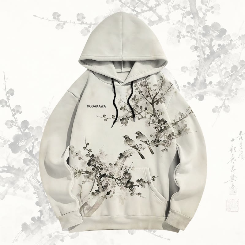 MODAKAWA Ink Wash Pullover-Hoodie mit Allover-Print „Zwei Vögel auf Pflaumenblüten“ - Apricot - 5XL - image 1