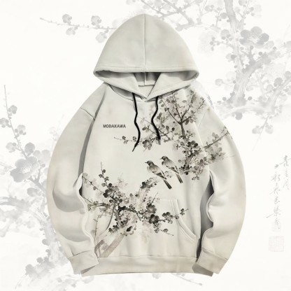 MODAKAWA Ink Wash Pullover-Hoodie mit Allover-Print „Zwei Vögel auf Pflaumenblüten“ - Apricot - 5XL - image 1