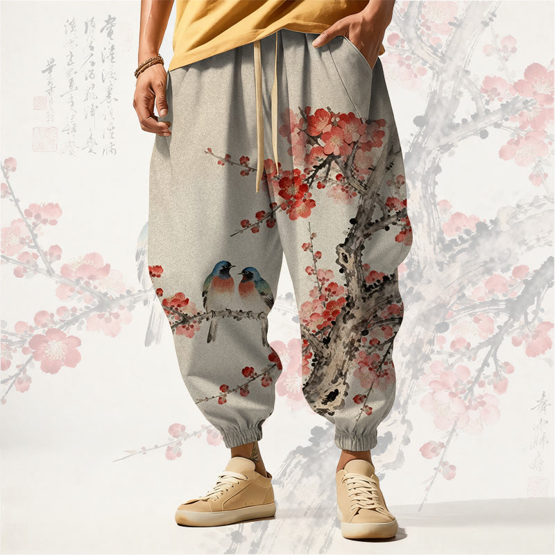 MODAKAWA Loungehose mit Allover-Print „Zwei Vögel auf Pflaumenblüten“ und Kordelzug - Apricot - 5XL - image 1