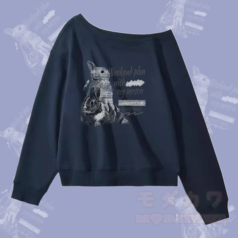 MODAKAWA WOCHENENDPLAN MIT MEINER PERSON Hasenmotiv Off-Shoulder-Sweatshirt - Purpurblau - L - image 2