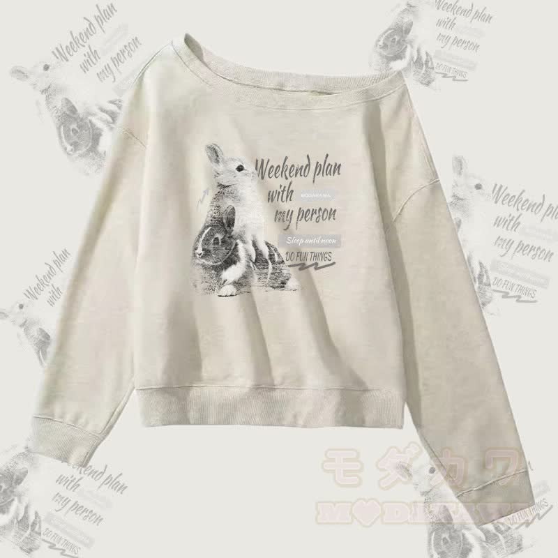 MODAKAWA WOCHENENDPLAN MIT MEINER PERSON Hasenmotiv Off-Shoulder-Sweatshirt - Grau - L - image 1