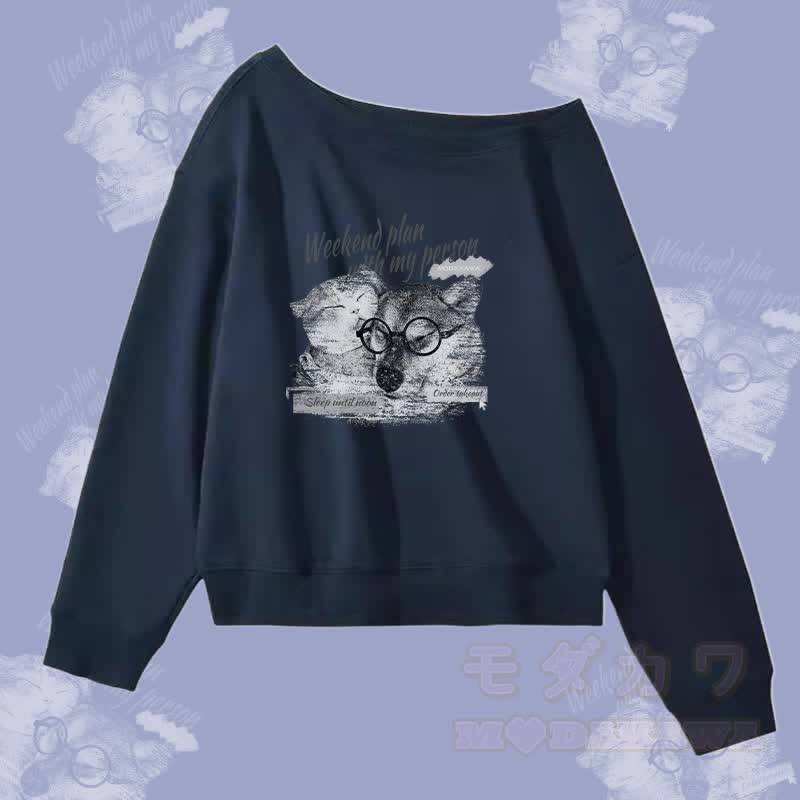 MODAKAWA WOCHENENDPLAN MIT MEINER PERSON Welpen- und Katzenmotiv-Sweatshirt mit schulterfreiem Oberteil - Purpurblau - L - image 2