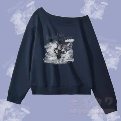 MODAKAWA WOCHENENDPLAN MIT MEINER PERSON Welpen- und Katzenmotiv-Sweatshirt mit schulterfreiem Oberteil - Purpurblau - L - image 2