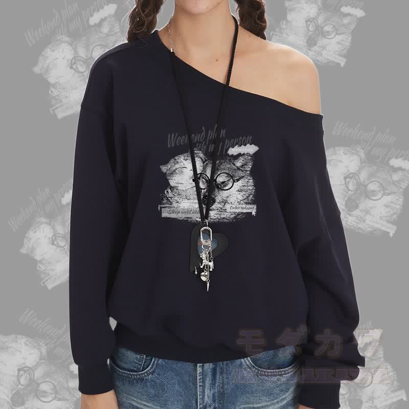 MODAKAWA WOCHENENDPLAN MIT MEINER PERSON Welpen- und Katzenmotiv-Sweatshirt mit schulterfreiem Oberteil - image 1