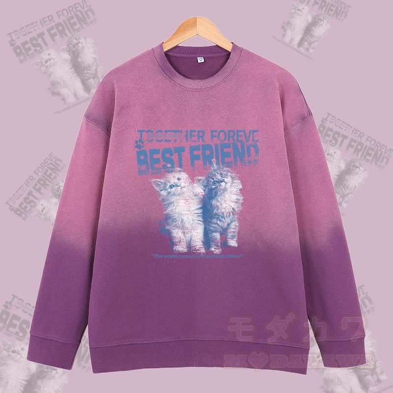 MODAKAWA BEST FRIEND Katzen-Sweatshirt mit Vintage-Waschung und Farbverlauf, Unisex - Lila - 2XL - image 2