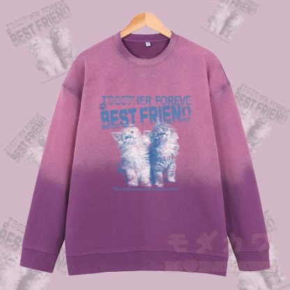 MODAKAWA BEST FRIEND Katzen-Sweatshirt mit Vintage-Waschung und Farbverlauf, Unisex - Lila - 2XL - image 2