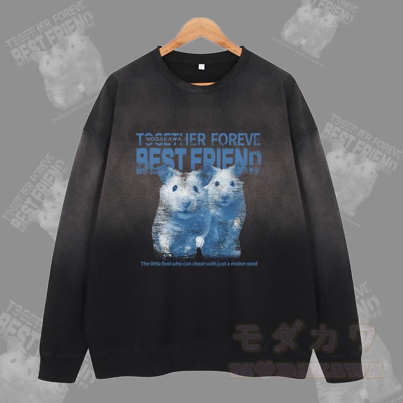 MODAKAWA BEST FRIEND Hamster Grafik Vintage Washed Gradient Unisex Sweatshirt - Schwarz - 2XL - image 1