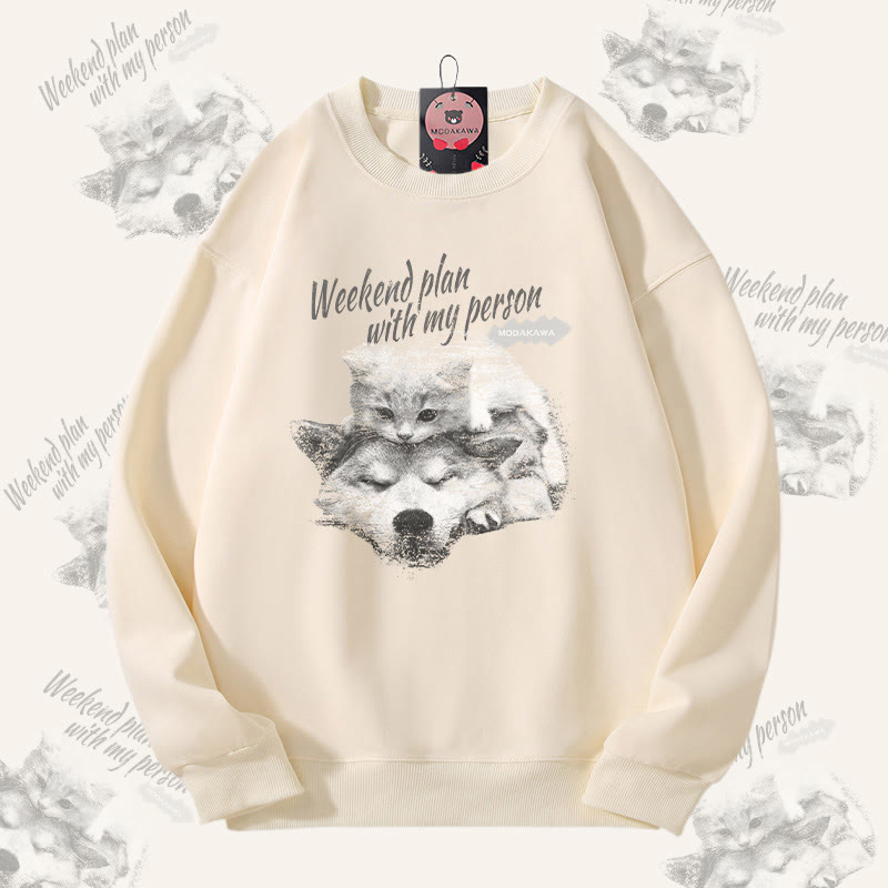 MODAKAWA WOCHENENDPLAN MIT MEINER PERSON Kitty Puppy Grafik Unisex Sweatshirt - Beige - 5XL - image 2