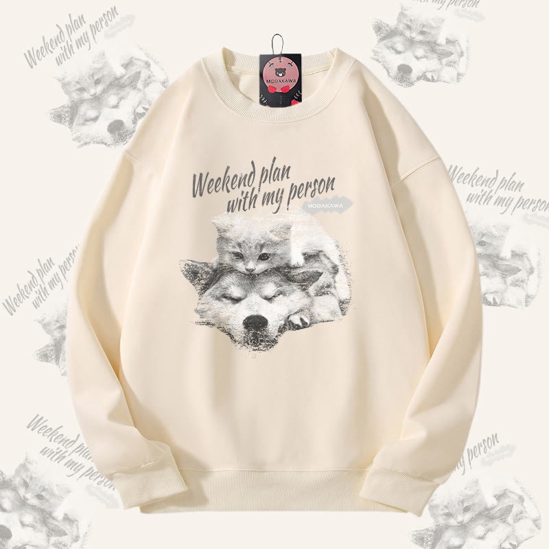 MODAKAWA WOCHENENDPLAN MIT MEINER PERSON Kitty Puppy Grafik Unisex Sweatshirt - Beige - 5XL - image 2
