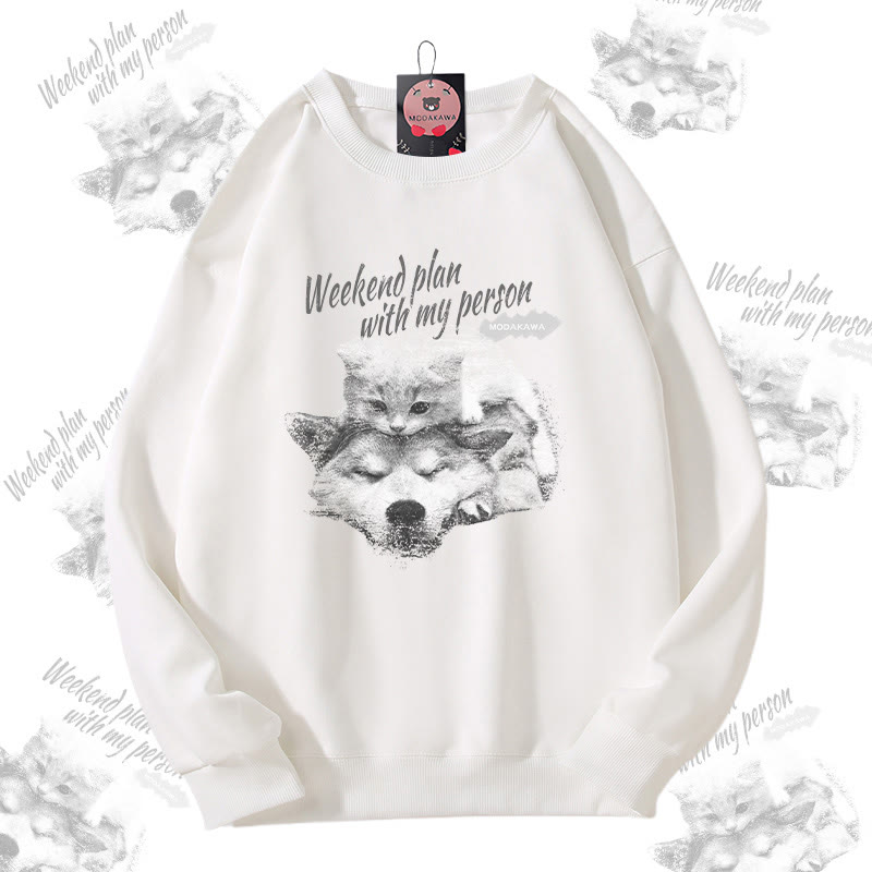 MODAKAWA WOCHENENDPLAN MIT MEINER PERSON Kitty Puppy Grafik Unisex Sweatshirt - White - 5XL - image 1