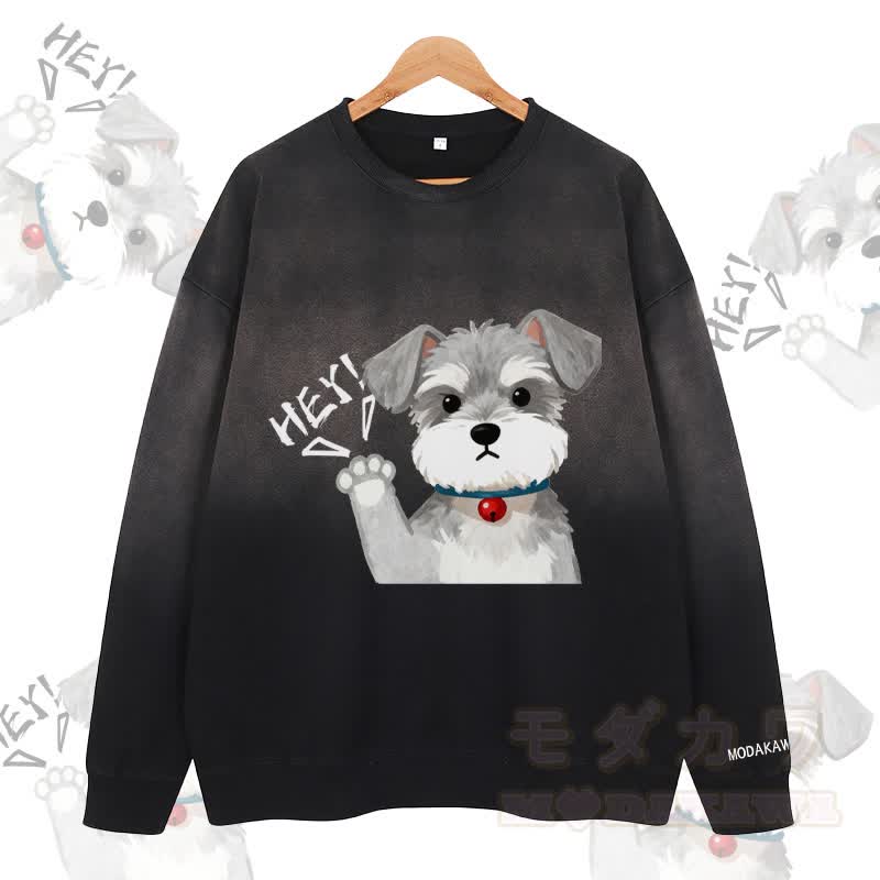 MODAKAWA HEY Puppy Grafik Vintage Washed Gradient Unisex Sweatshirt - Schwarz - 2XL - image 1