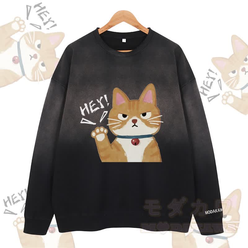 MODAKAWA HEY Katzen-Sweatshirt mit Vintage-Washed-Gradient-Design, Unisex - Schwarz - 2XL - image 3