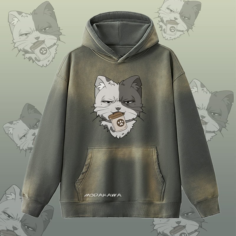MODAKAWA Kapuzenpullover mit Katzenmotiv und Dose, Vintage-Waschung, Fleece-Futter - Grey - 2XL - image 1
