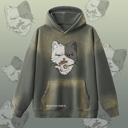 MODAKAWA Kapuzenpullover mit Katzenmotiv und Dose, Vintage-Waschung, Fleece-Futter - Grey - 2XL - image 1