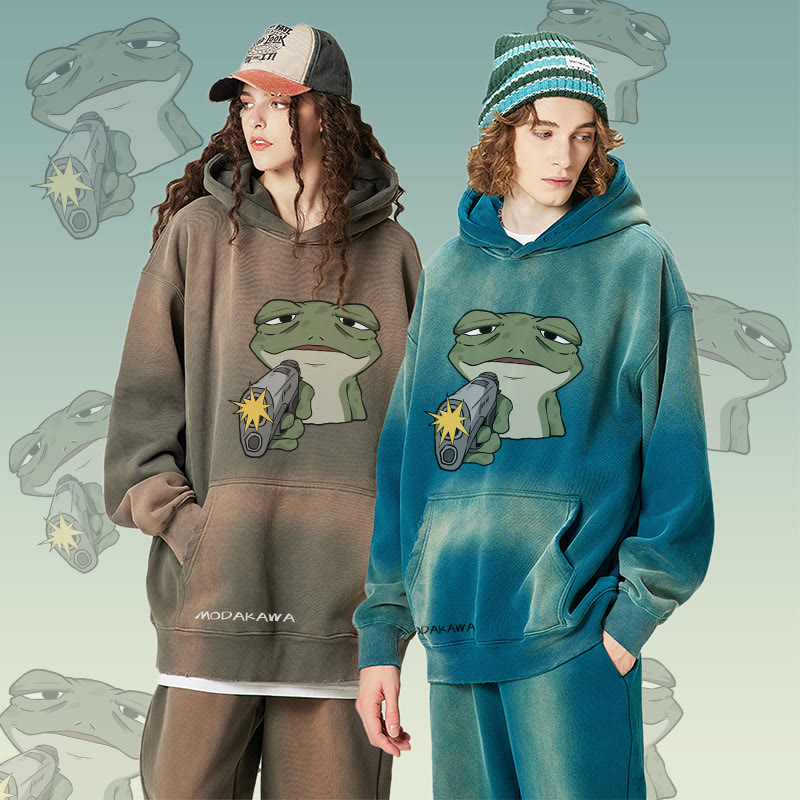 MODAKAWA Hoodie mit Frosch-und-Pistolen-Motiv im Vintage-Look, gefüttert mit Fleece - image 1