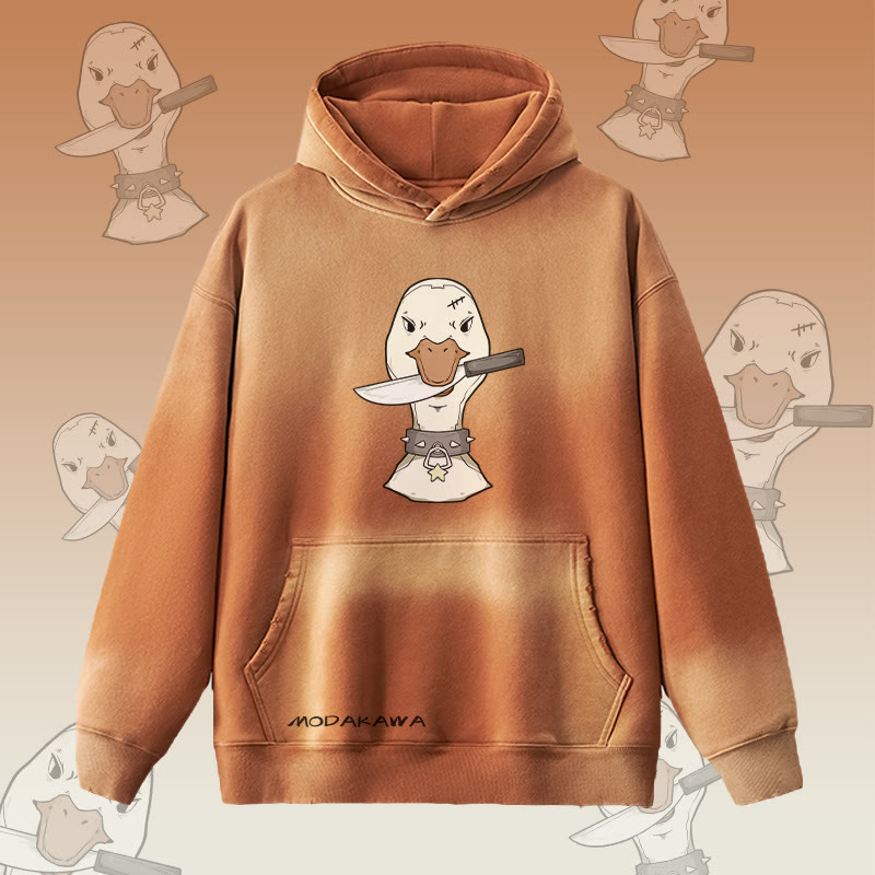 MODAKAWA Kapuzenpullover mit Gans-und-Messer-Motiv im Vintage-Look, gefüttert mit Fleece - Brown - 2XL - image 1
