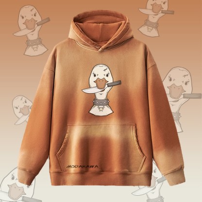 MODAKAWA Kapuzenpullover mit Gans-und-Messer-Motiv im Vintage-Look, gefüttert mit Fleece - Brown - 2XL - image 1