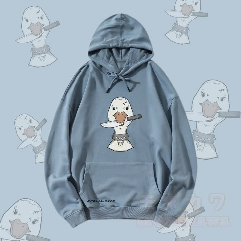 MODAKAWA Streetwear Pullover Hoodie mit Goose-und-Messer-Grafik - Staubiges Blau - 5XL - image 2
