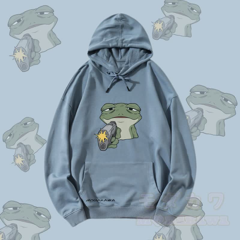 MODAKAWA Frog With Gun Graphic Streetwear Pullover Hoodie - Staubiges Blau - 5XL - image 2