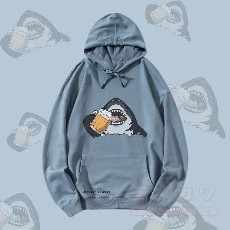 MODAKAWA Streetwear Pullover Hoodie mit Hai-Bier-Motiv - Staubiges Blau - 5XL - image 1