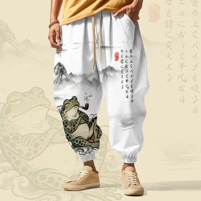 MODAKAWA Loungehose mit Allover-Print und Kordelzug, bedruckt mit einem rauchenden Frosch (Tinte Wash), - White - 5XL - image 1