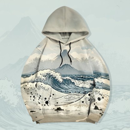 MODAKAWA Pullover-Hoodie mit Wellen- und Bergprint - Blue - 5XL - image 1