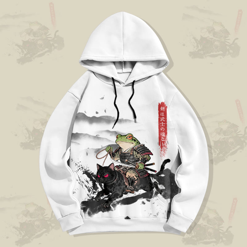 MODAKAWA Pullover-Hoodie mit Allover-Print: Samurai-Frosch auf schwarzer Katze - White - 8XL - image 1