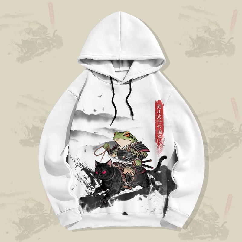 MODAKAWA Pullover-Hoodie mit Allover-Print: Samurai-Frosch auf schwarzer Katze - White - 5XL - image 1