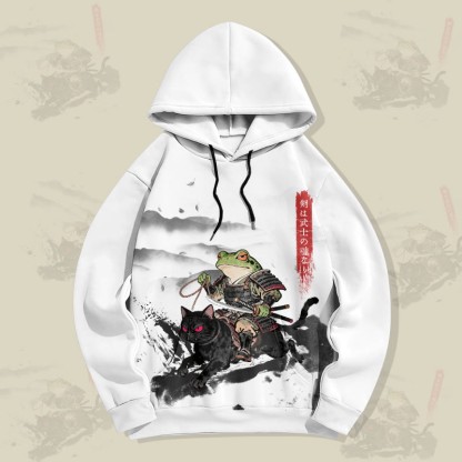 MODAKAWA Pullover-Hoodie mit Allover-Print: Samurai-Frosch auf schwarzer Katze - White - 5XL - image 1