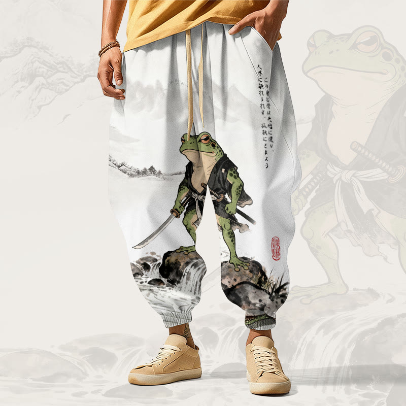MODAKAWA Loungehose mit Samurai-Frosch-Allover-Print und Kordelzug - White - 5XL - image 1