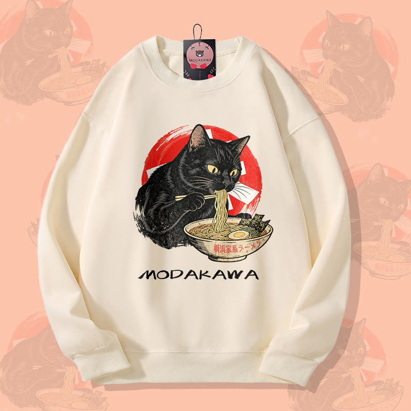 MODAKAWA Unisex-Sweatshirt mit schwarzer Katze beim Ramen-Essen-Motiv - Beige - 5XL - image 1