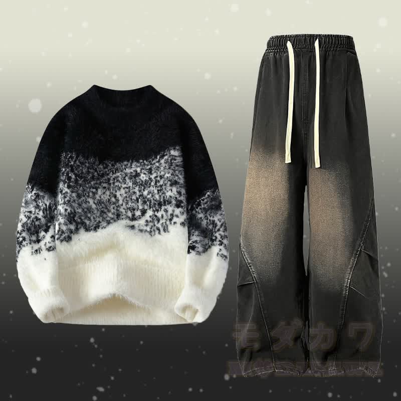 Zweiteiler: Farbverlauf-Strickpullover mit flauschigem Unterrock und Jeans - Satz B - 2XL - image 2